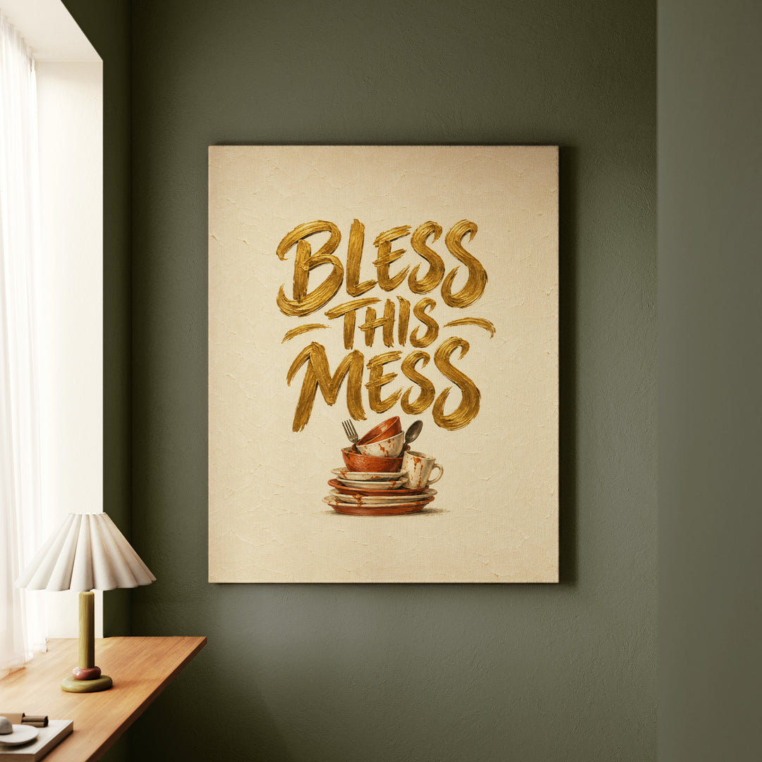 Bless This Mess – Funny Kitchen Art with Reverent Gold Lettering – Canvas Wall Art