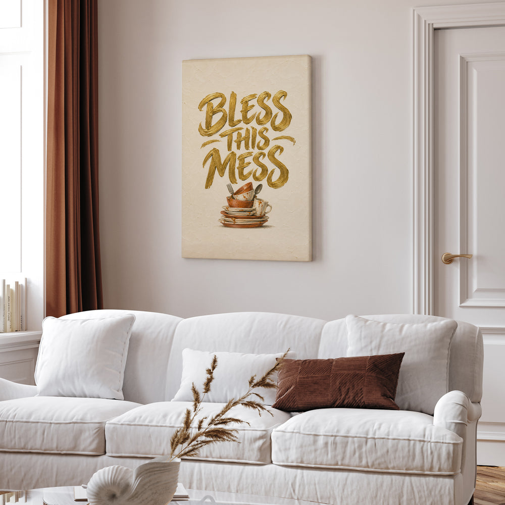 Bless This Mess – Funny Kitchen Art with Reverent Gold Lettering – Canvas Wall Art