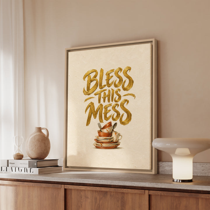 Bless This Mess – Funny Kitchen Art with Reverent Gold Lettering – Canvas / Framed Canvas
