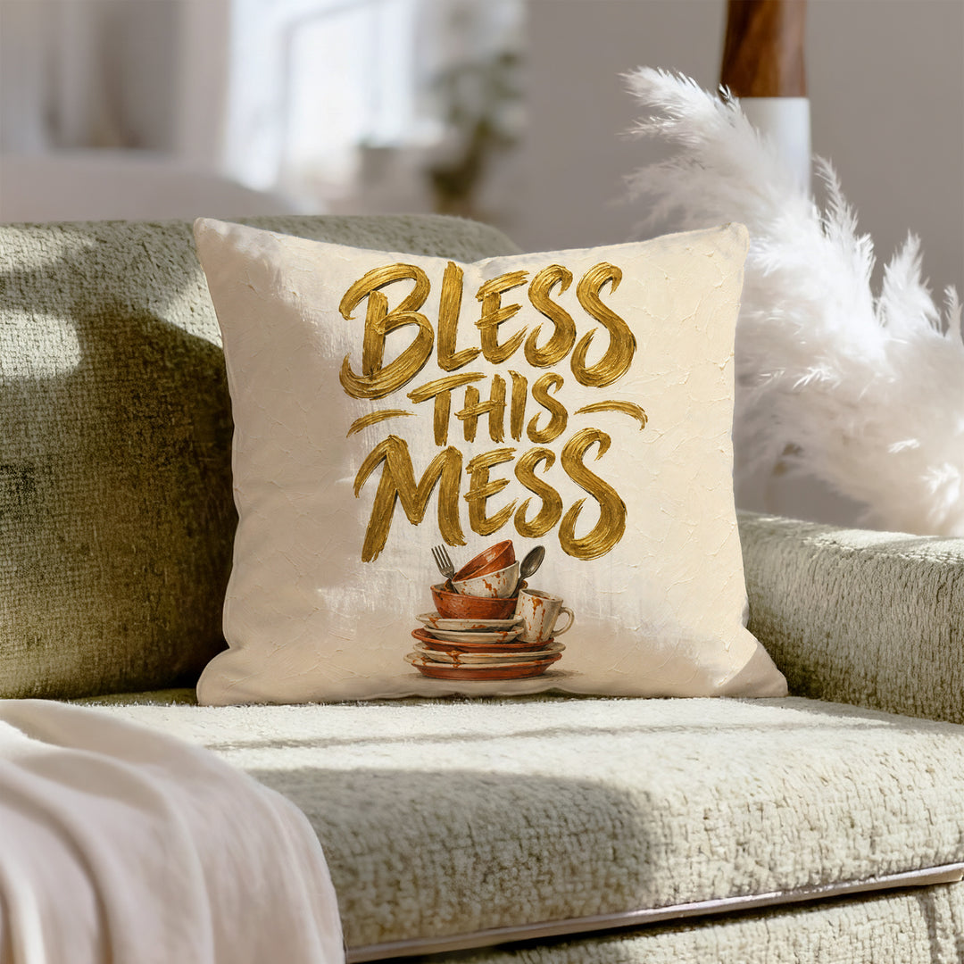 Bless This Mess – Funny Kitchen Art with Reverent Gold Lettering – Pillow / Cover
