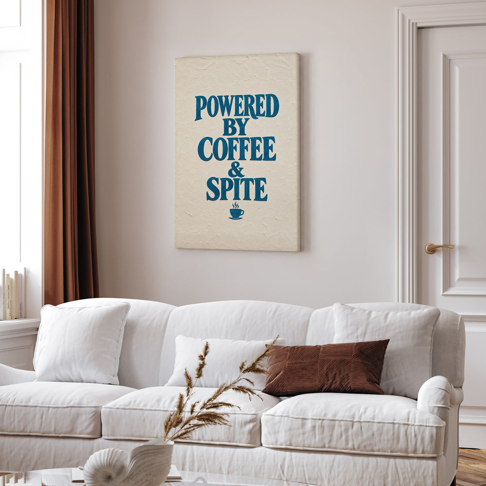 Powered By Coffee & Spite – Funny Wall Art with Elegant Serif and a Steaming Cup – Canvas Wall Art