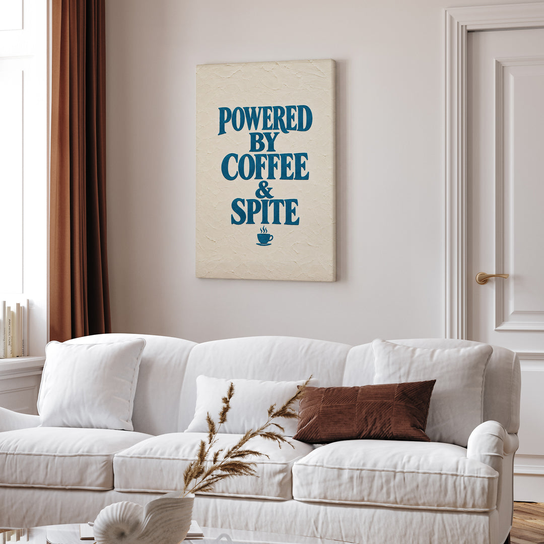 Powered By Coffee & Spite – Funny Wall Art with Elegant Serif and a Steaming Cup – Canvas Wall Art