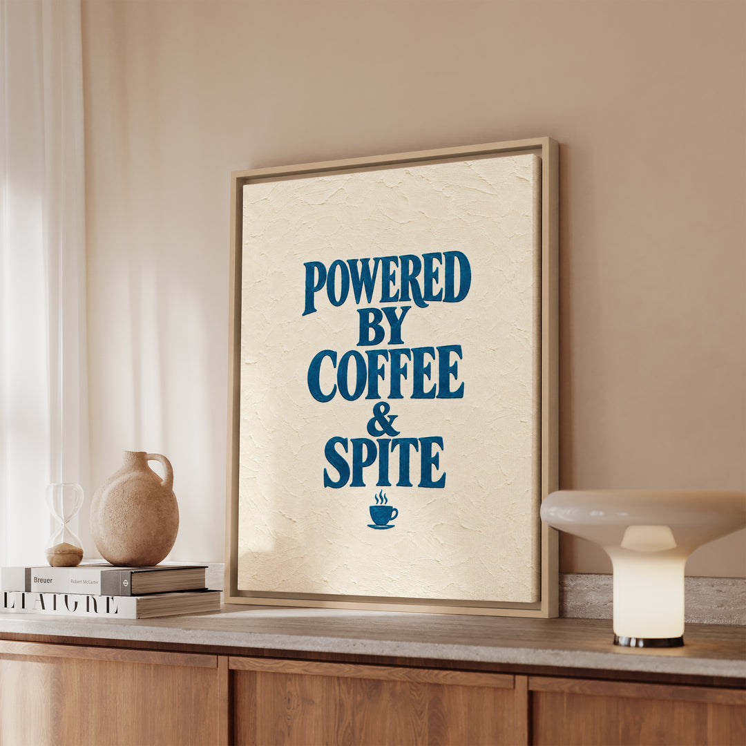 Powered By Coffee & Spite – Funny Wall Art with Elegant Serif and a Steaming Cup – Framed Canvas Wall Art