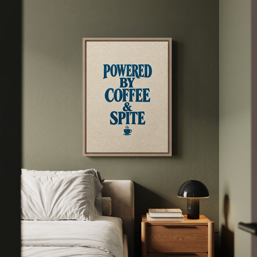 Powered By Coffee & Spite – Funny Wall Art with Elegant Serif and a Steaming Cup – Canvas / Framed Canvas