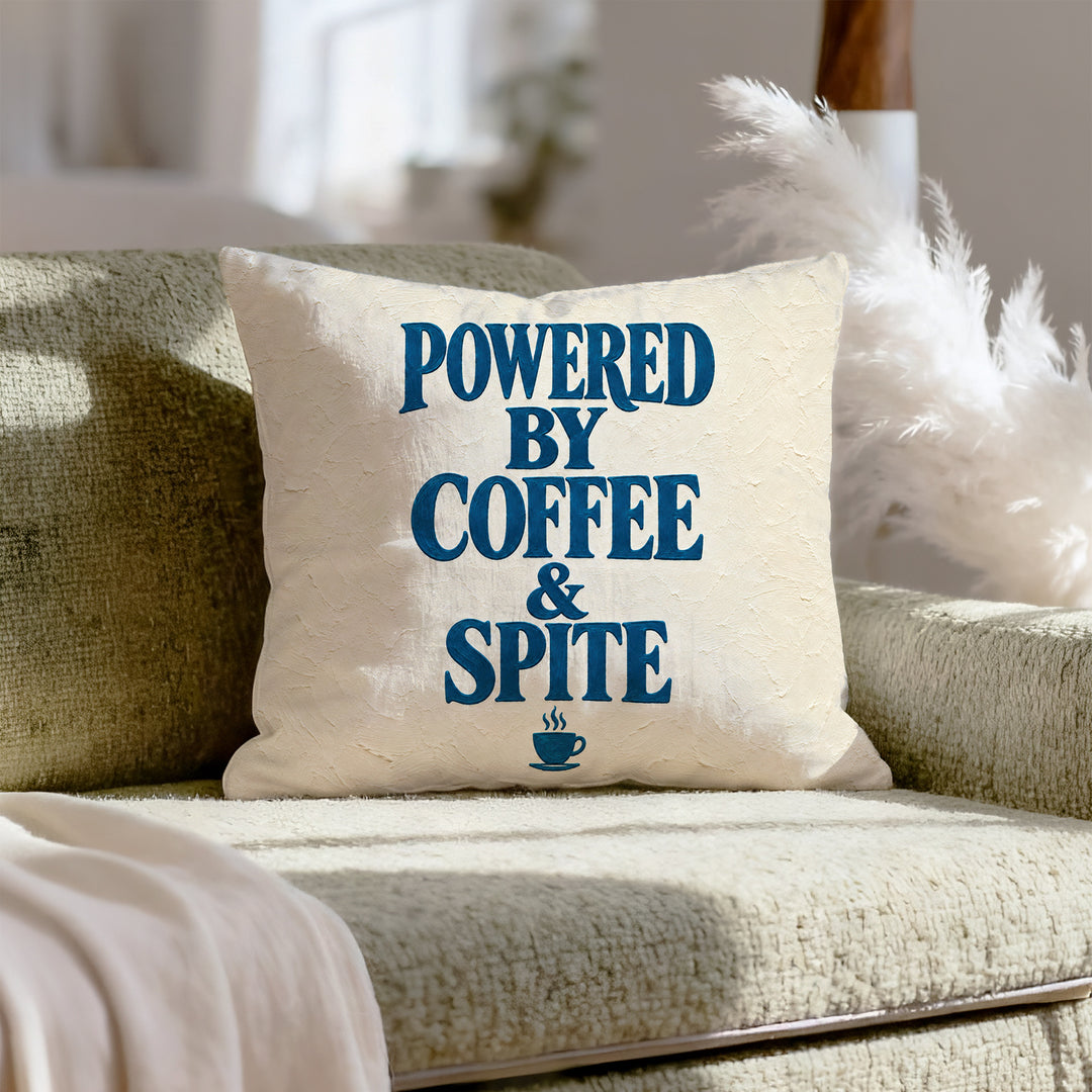 Powered By Coffee & Spite – Funny Wall Art with Elegant Serif and a Steaming Cup – Pillow / Cover