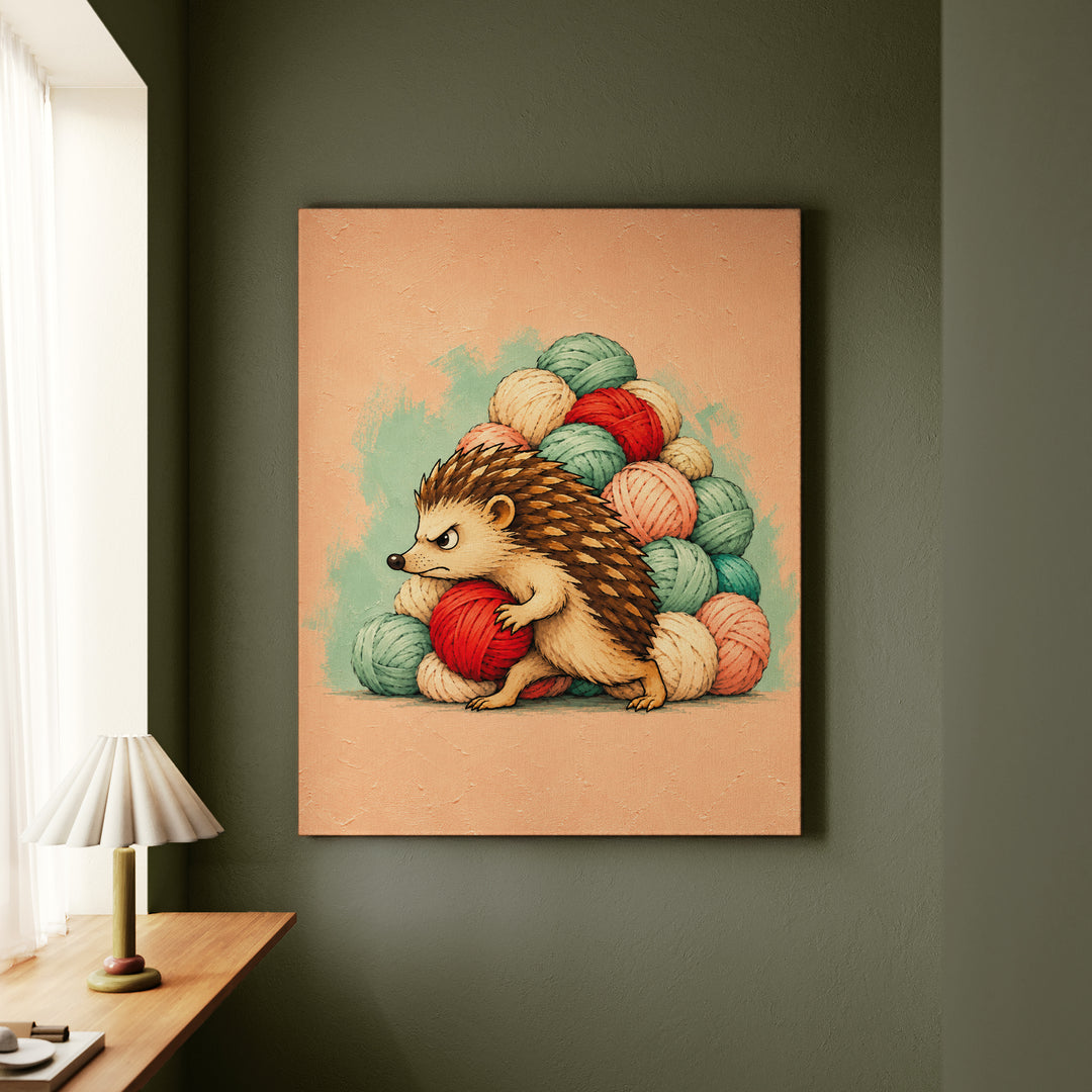 The Stash – Crochet Wall Art with a Hedgehog Guarding a Wool Hoard – Canvas / Framed Canvas