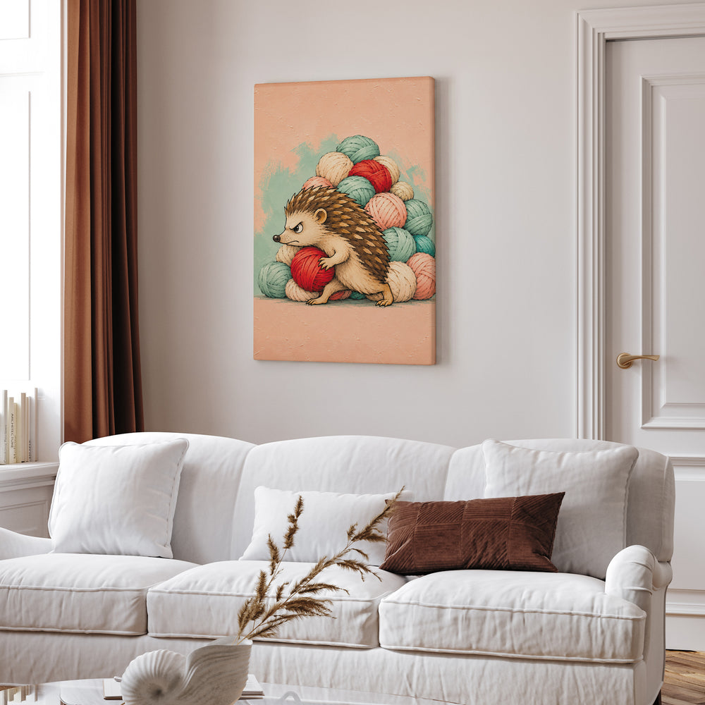 The Stash – Crochet Wall Art with a Hedgehog Guarding a Wool Hoard – Canvas Wall Art