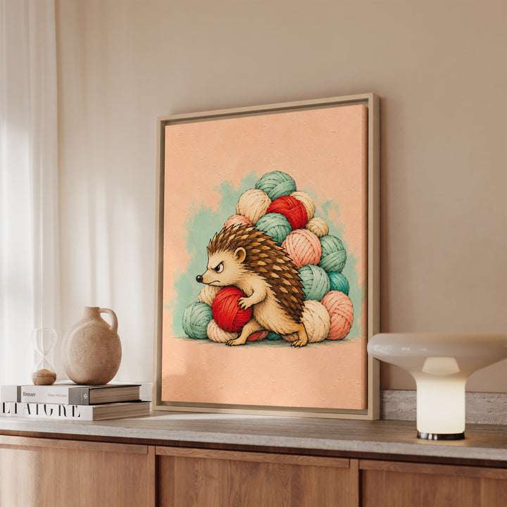 The Stash – Crochet Wall Art with a Hedgehog Guarding a Wool Hoard – Canvas / Framed Canvas