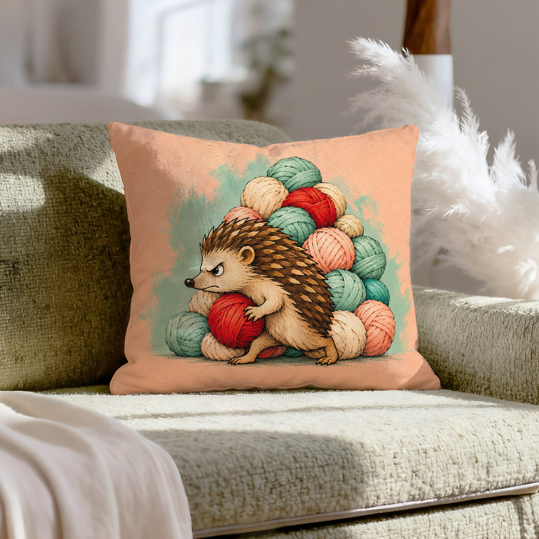 The Stash – Crochet Decor with a Hedgehog Guarding a Wool Hoard – Throw Pillow