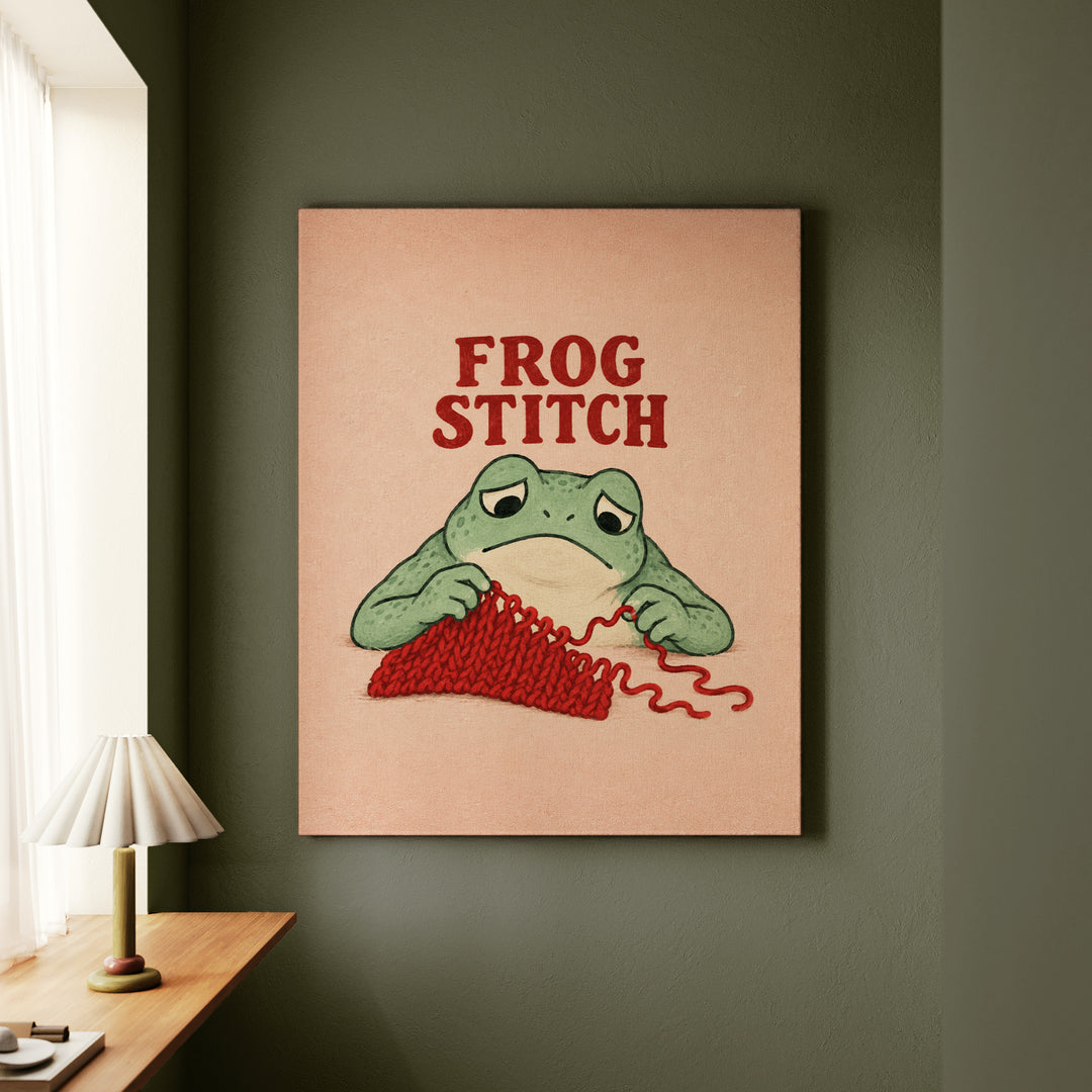 Frog Stitch – Yarn Art with Sad Rows Being Unravelled – Canvas / Framed Canvas