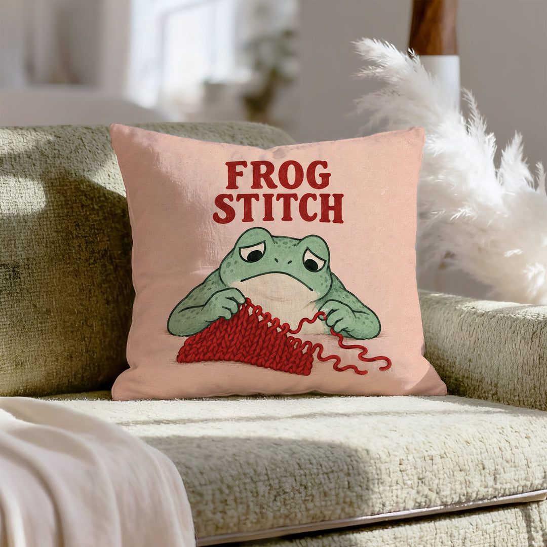 Frog Stitch – Yarn Decor with Sad Rows Being Unravelled – Throw Pillow