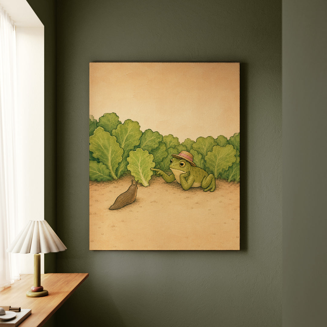 Slug Negotiations – Garden Wall Art with a Sun Hat at the Lettuce Line – Canvas / Framed Canvas