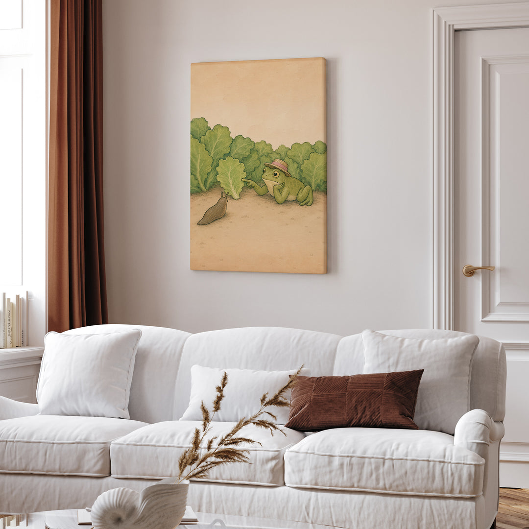 Slug Negotiations – Garden Wall Art with a Sun Hat at the Lettuce Line – Canvas / Framed Canvas