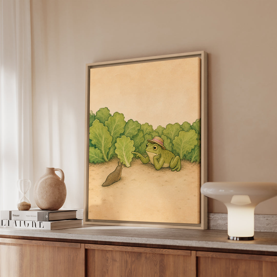 Slug Negotiations – Garden Wall Art with a Sun Hat at the Lettuce Line – Framed Canvas Wall Art