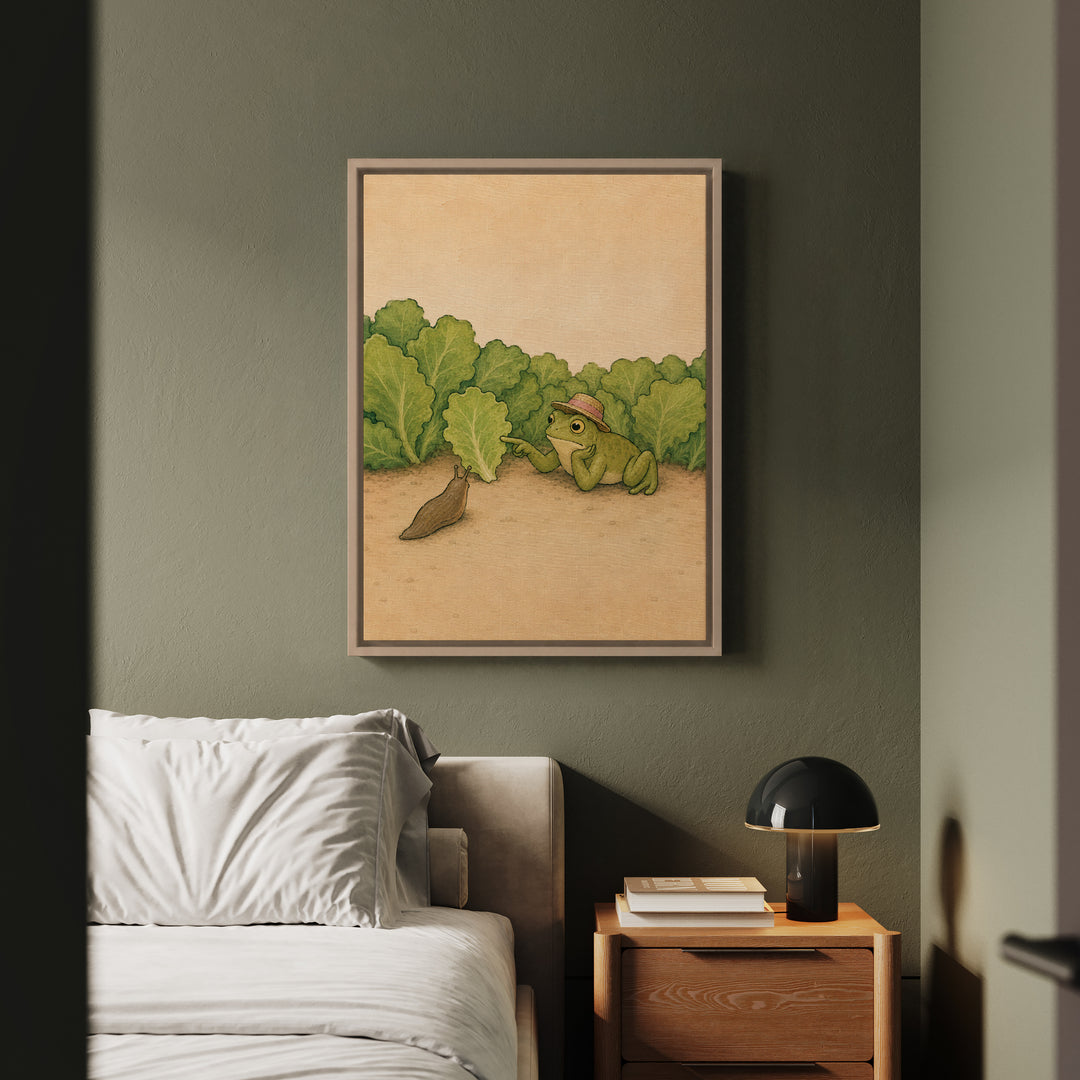 Slug Negotiations – Garden Wall Art with a Sun Hat at the Lettuce Line – Canvas / Framed Canvas