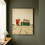 The Tomato Trials – Garden Wall Art with a Squirrel Before a Gnome Jury – Canvas Wall Art