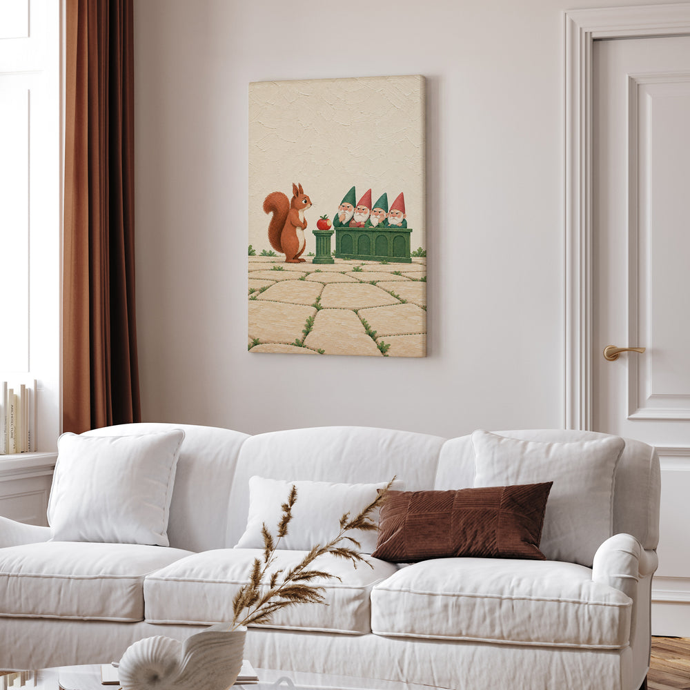 The Tomato Trials – Garden Wall Art with a Squirrel Before a Gnome Jury – Canvas Wall Art