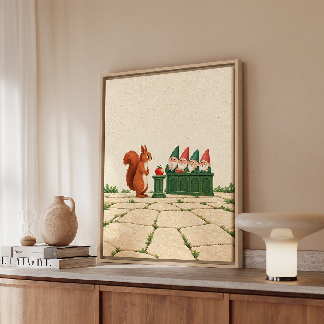 The Tomato Trials – Garden Wall Art with a Squirrel Before a Gnome Jury – Framed Canvas Wall Art