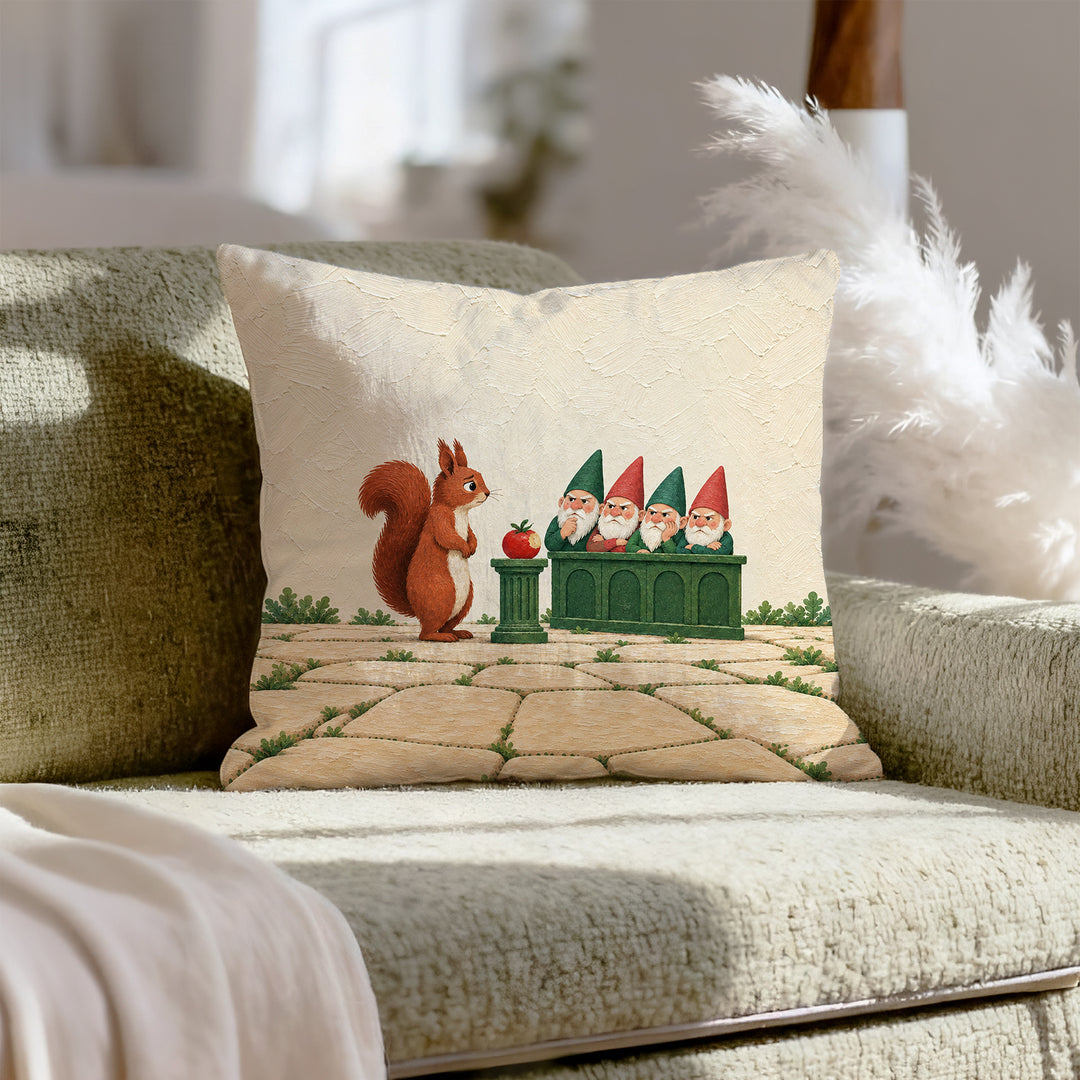 The Tomato Trials – Garden Decor with a Squirrel Before a Gnome Jury – Throw Pillow