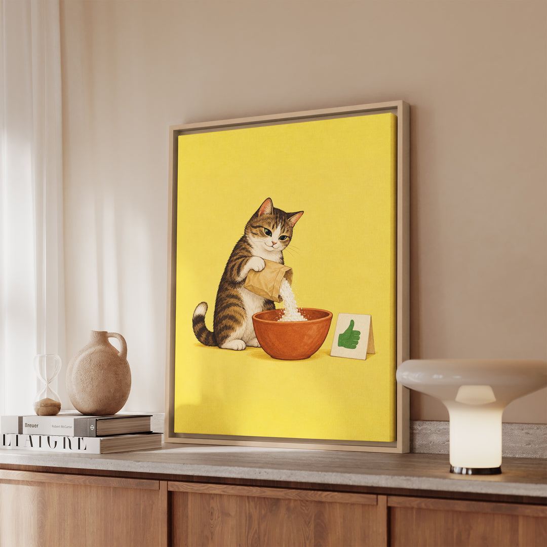 Measured By Vibes – Kitchen Wall Art with a Cat and Zero Measuring Cups – Framed Canvas Wall Art