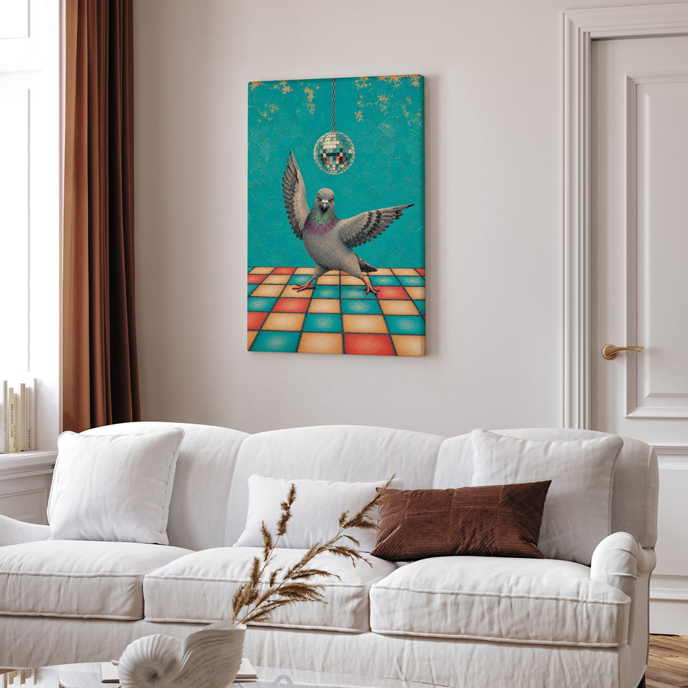 Disco Pigeon – Pigeon Wall Art with a Mirror Ball and a Dance Floor – Canvas Wall Art