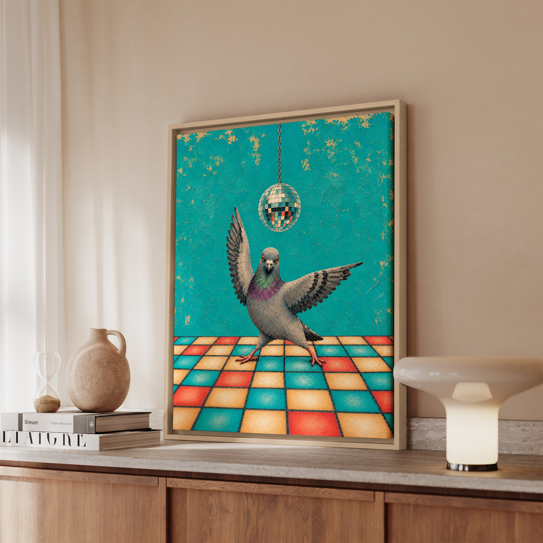 Disco Pigeon – Pigeon Wall Art with a Mirror Ball and a Dance Floor – Framed Canvas Wall Art