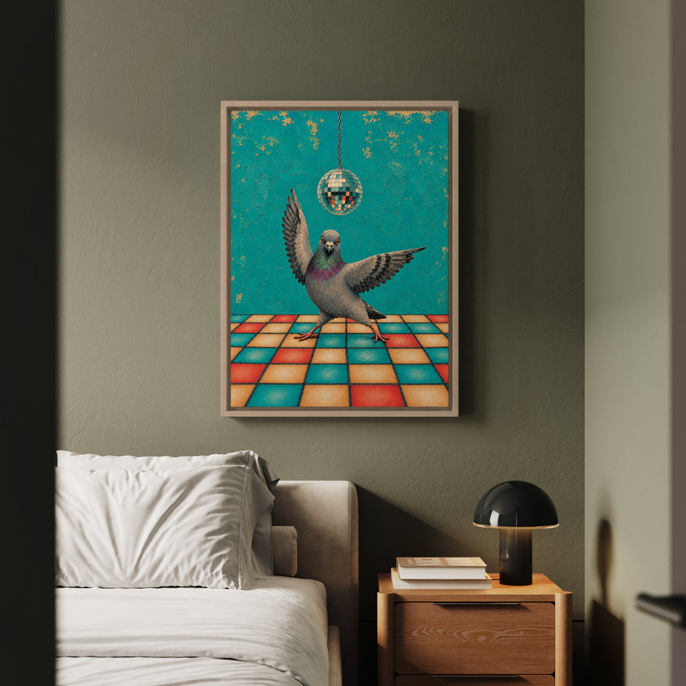 Disco Pigeon – Pigeon Wall Art with a Mirror Ball and a Dance Floor – Framed Canvas Wall Art