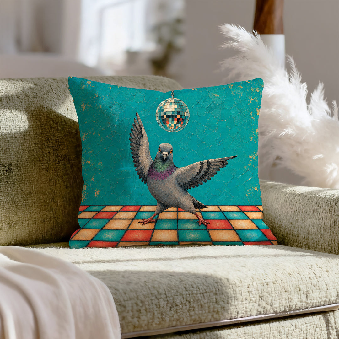 Disco Pigeon – Pigeon Decor with a Mirror Ball and a Dance Floor – Pillow Cover