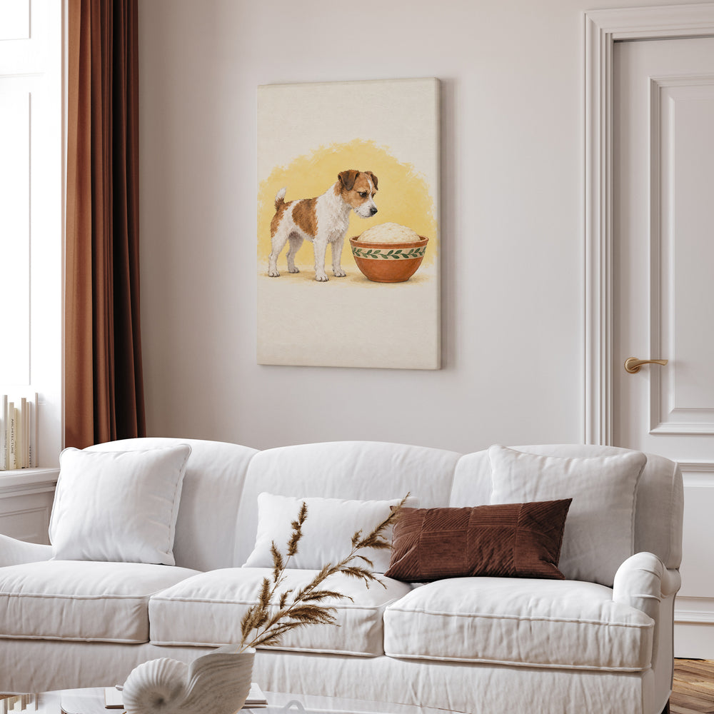 The Dough Tax – Kitchen Wall Art with a Dog Beside the Mixing Bowl – Canvas Wall Art