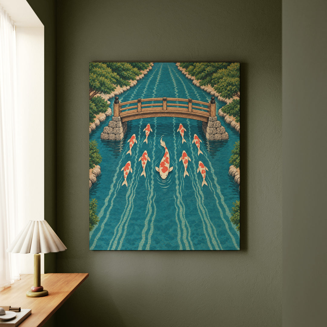 Koi Commute – Japanese Wall Art with Fish in Rush Hour Lanes – Canvas Wall Art
