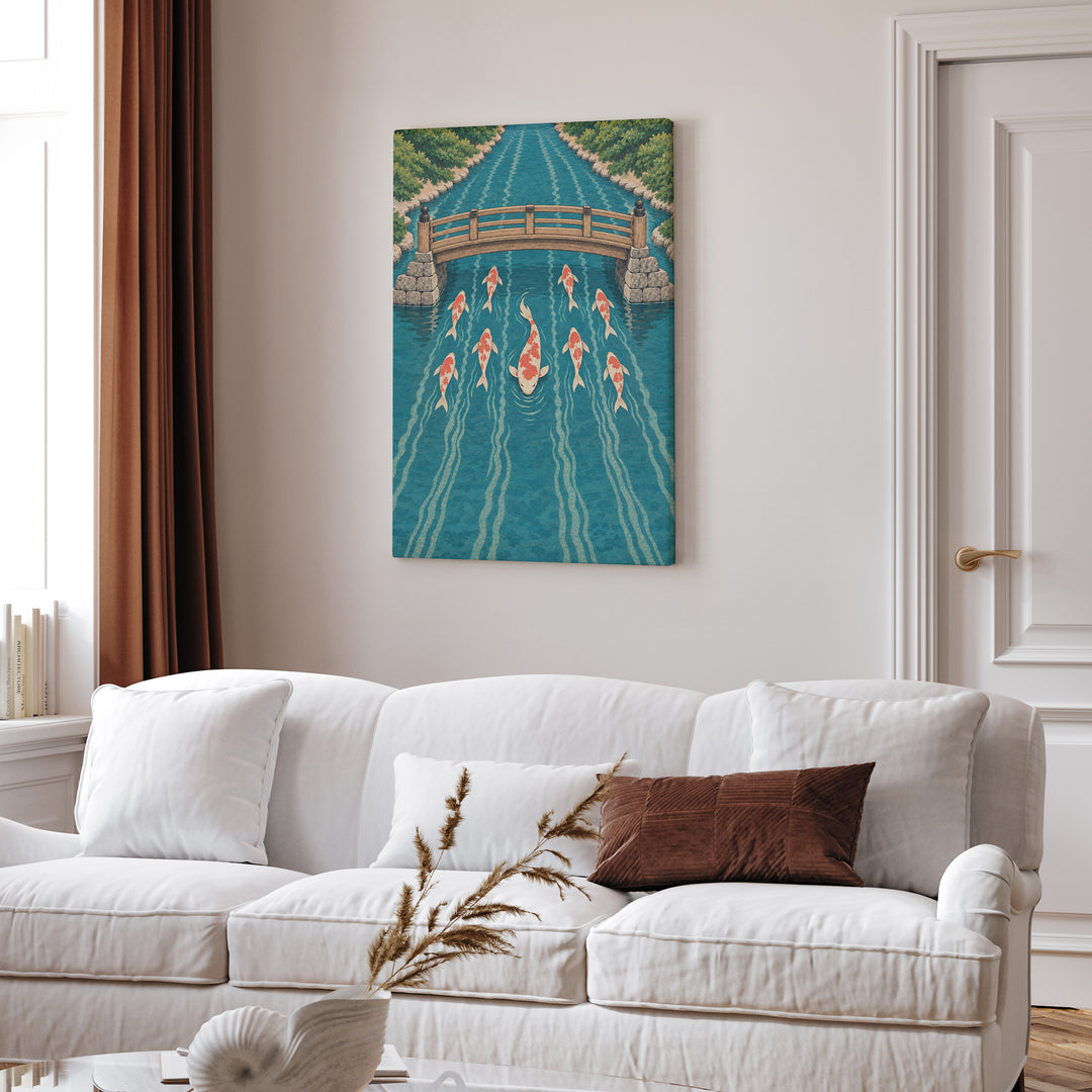 Koi Commute – Japanese Wall Art with Fish in Rush Hour Lanes – Canvas Wall Art