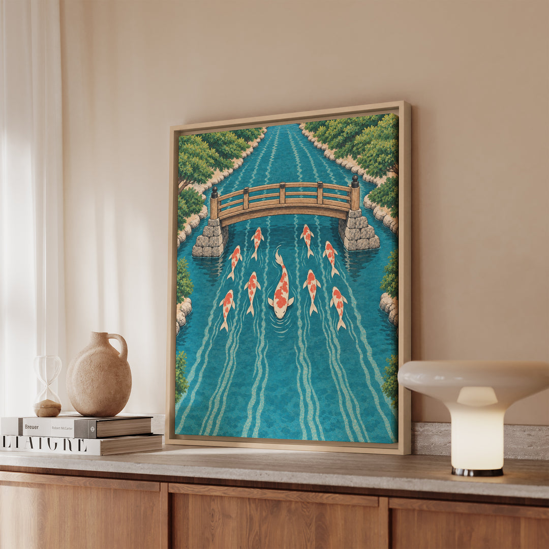 Koi Commute – Japanese Wall Art with Fish in Rush Hour Lanes – Canvas / Framed Canvas