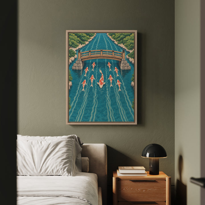 Koi Commute – Japanese Wall Art with Fish in Rush Hour Lanes – Framed Canvas Wall Art