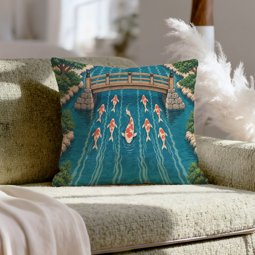 Koi Commute – Japanese Decor with Fish in Rush Hour Lanes – Pillow Cover