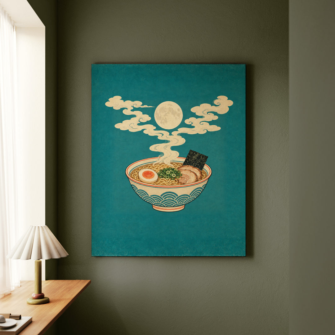 Moon Over Ramen – Japanese Wall Art with a Steaming Bowl at Night – Canvas Wall Art