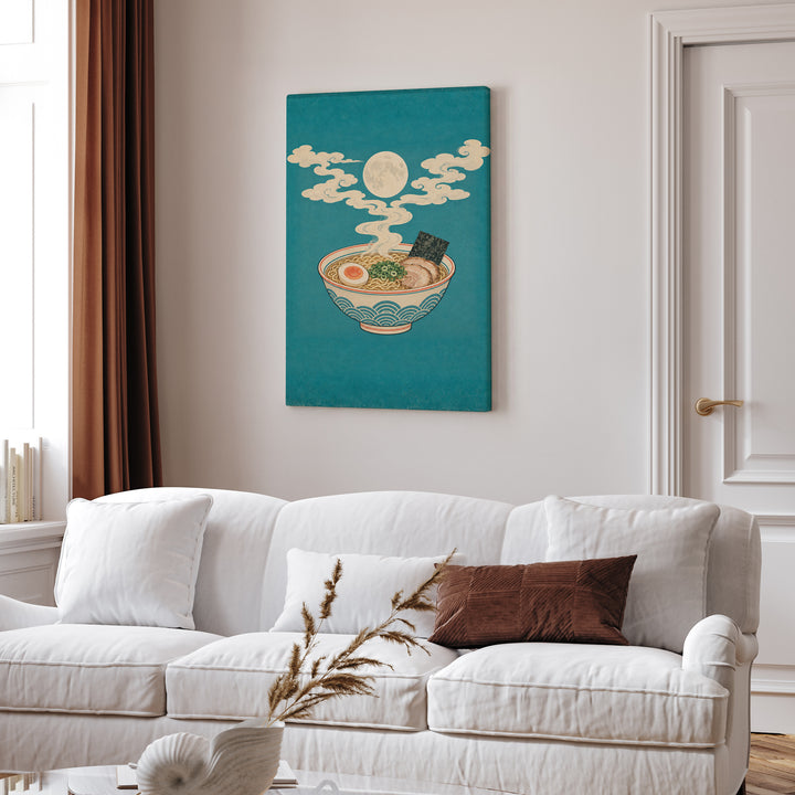 Moon Over Ramen – Japanese Wall Art with a Steaming Bowl at Night – Canvas Wall Art