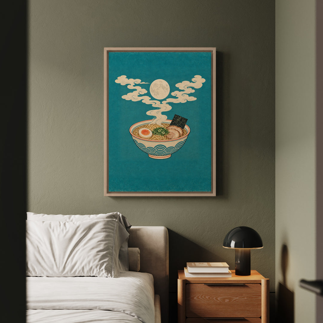 Moon Over Ramen – Japanese Wall Art with a Steaming Bowl at Night – Framed Canvas Wall Art
