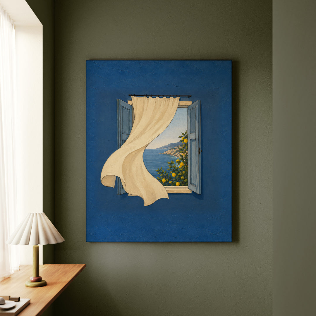 Open Window: Amalfi – Window Wall Art with a Curtain Onto Lemon Trees – Canvas / Framed Canvas
