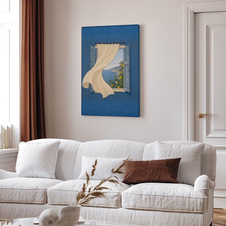 Open Window: Amalfi – Window Wall Art with a Curtain Onto Lemon Trees – Canvas Wall Art