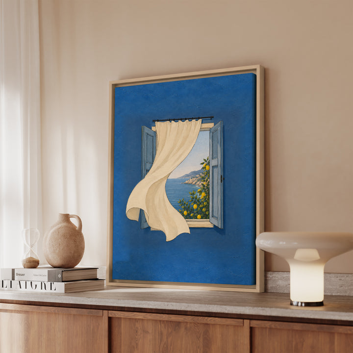 Open Window: Amalfi – Window Wall Art with a Curtain Onto Lemon Trees – Canvas / Framed Canvas