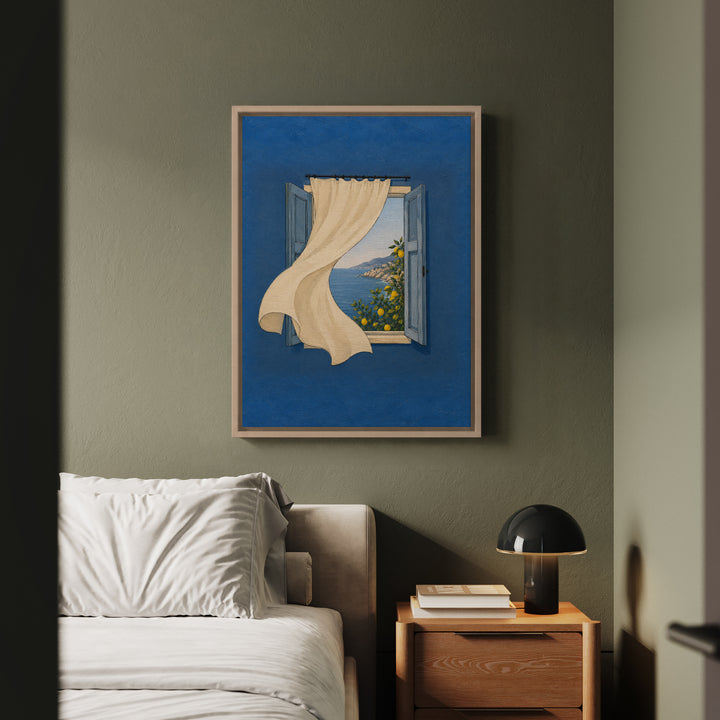 Open Window: Amalfi – Window Wall Art with a Curtain Onto Lemon Trees – Canvas / Framed Canvas