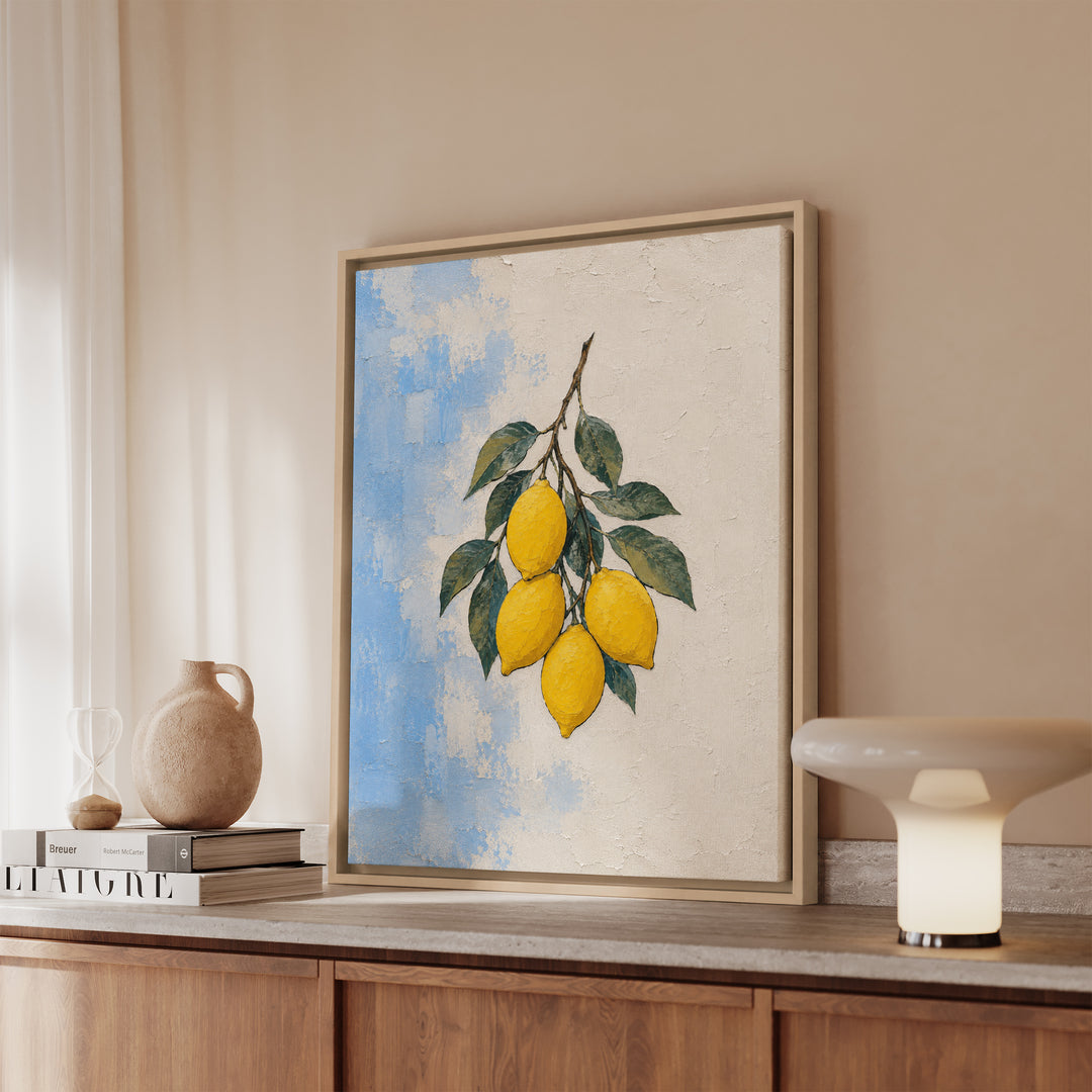 Lemon Grove Morning – Lemon Wall Art with Heavy Branches on Whitewash – Framed Canvas Wall Art