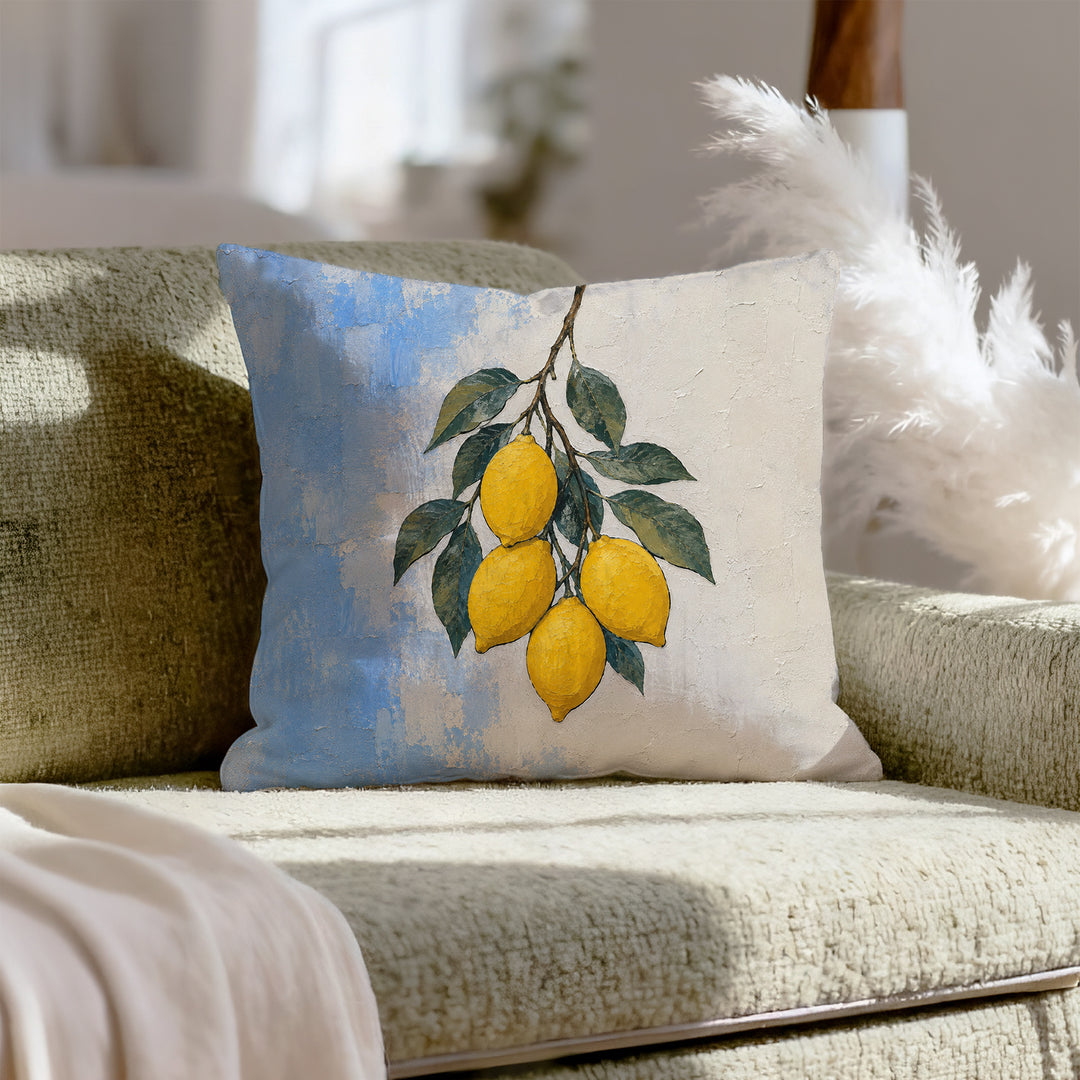 Lemon Grove Morning – Lemon Decor with Heavy Branches on Whitewash – Throw Pillow