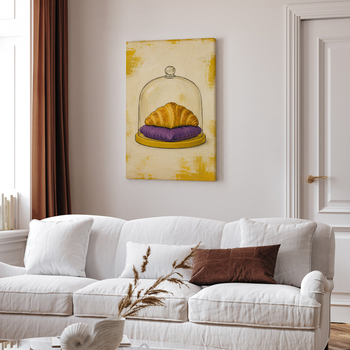 Emotional Support Croissant – Weird Wall Art with a Pastry on a Velvet Cushion – Canvas Wall Art