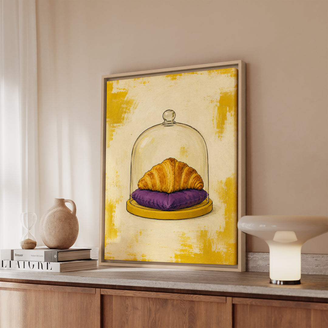 Emotional Support Croissant – Weird Wall Art with a Pastry on a Velvet Cushion – Framed Canvas Wall Art