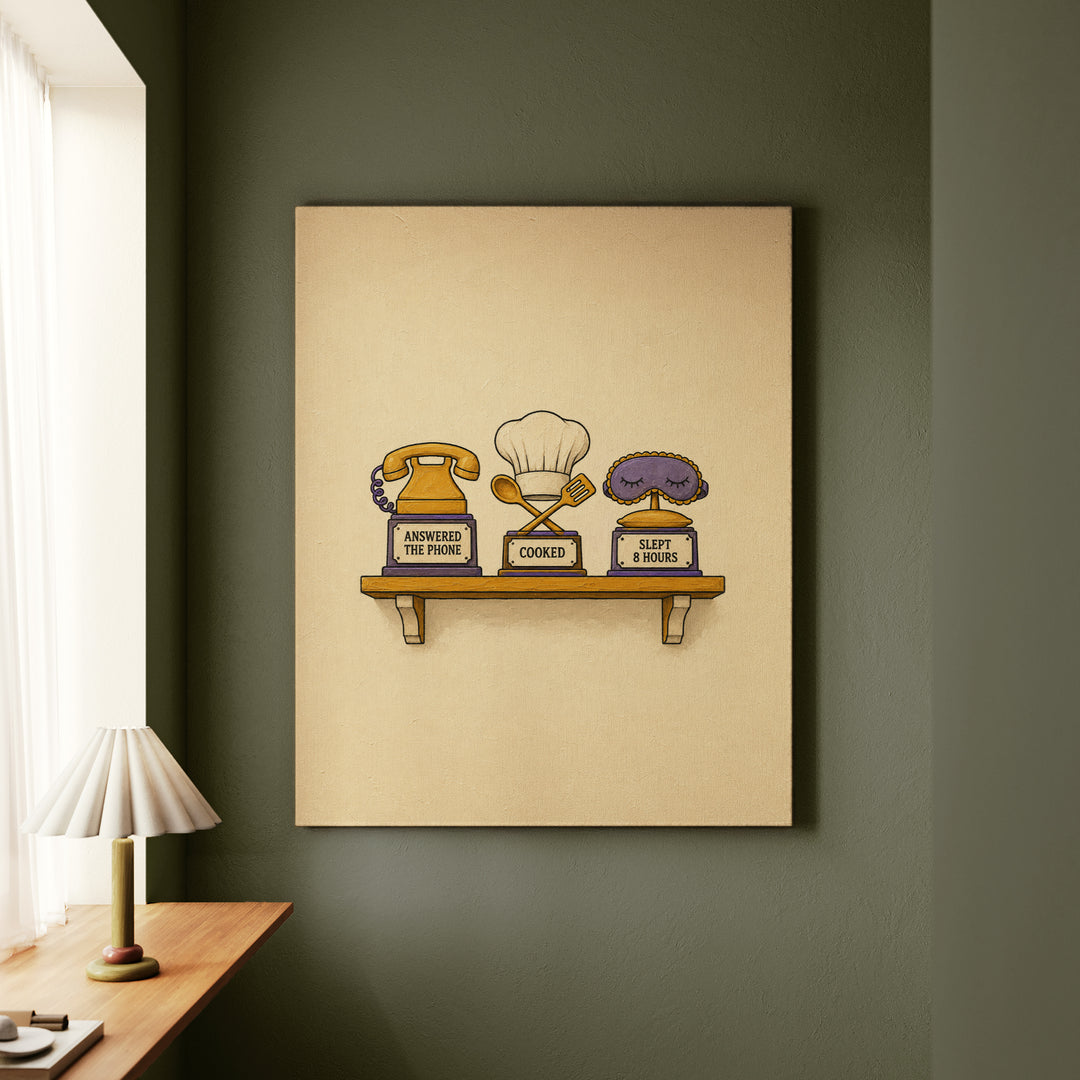 Shelf of Small Wins – Quirky Wall Art with a Trophy Rack for Real Life – Canvas Wall Art