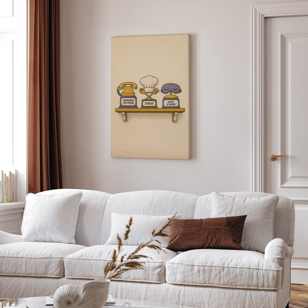 Shelf of Small Wins – Quirky Wall Art with a Trophy Rack for Real Life – Canvas Wall Art
