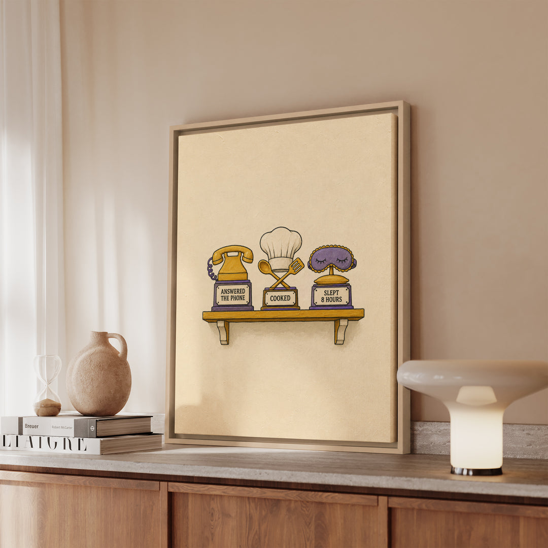 Shelf of Small Wins – Quirky Wall Art with a Trophy Rack for Real Life – Framed Canvas Wall Art