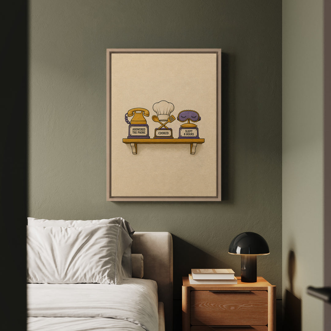 Shelf of Small Wins – Quirky Wall Art with a Trophy Rack for Real Life – Framed Canvas Wall Art