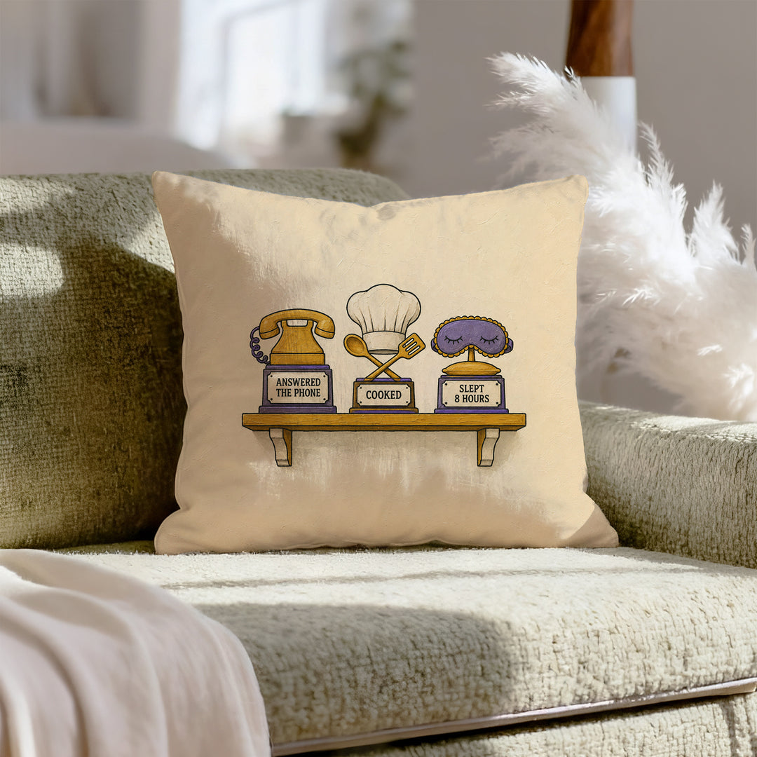 Shelf of Small Wins – Quirky Decor with a Trophy Rack for Real Life – Pillow Cover